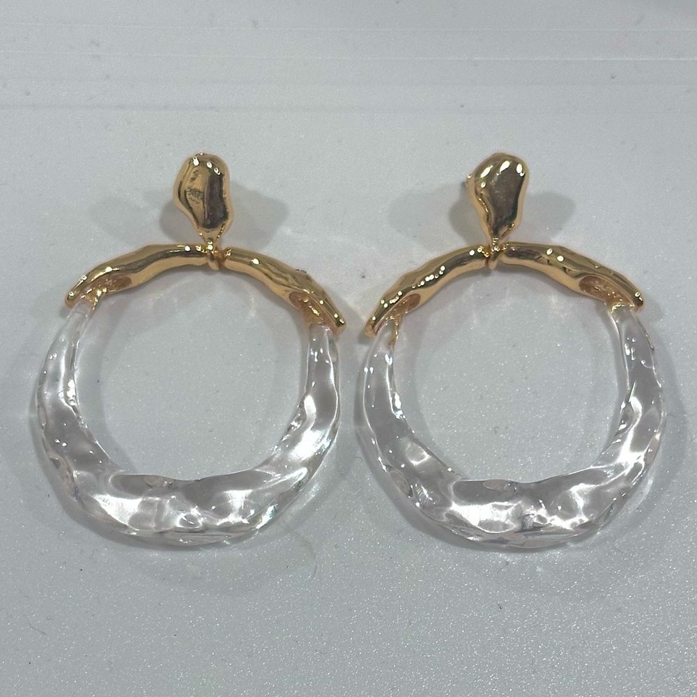 Alexis Bittar Molten Gold Metal and Clear Lucite Hoop Drop Earrings - Picture 3 of 8